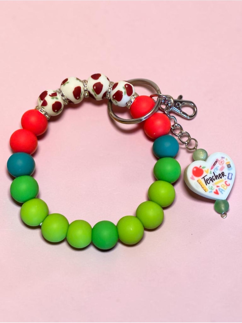 Beaded Teacher Keyring Bracelet - Green Teal Red